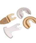 Four Pack Semi Circle Finger Segment Oscillating Saw Blades For Grout, Ceramics, And Masonry, shown in various shapes.