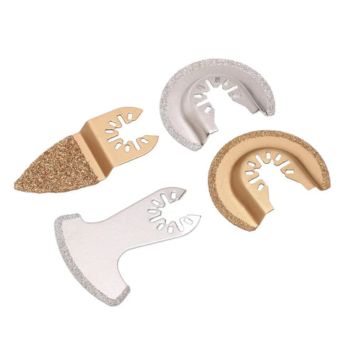 Four Pack Semi Circle Finger Segment Oscillating Saw Blades For Grout, Ceramics, And Masonry, shown in various shapes.