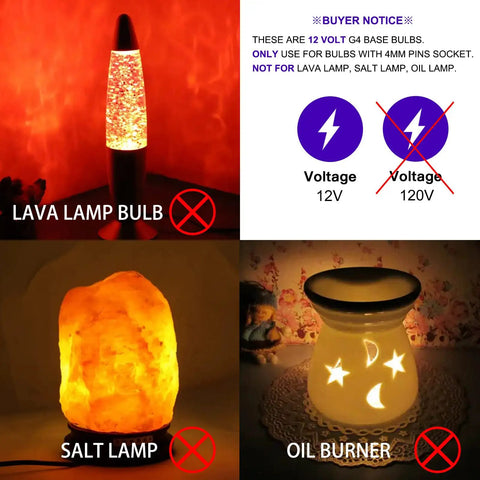 G4 12V 20W Halogen Bulbs 12 Pack Bi Pin Base not for lava lamps, salt lamps, or oil burners, indoor lighting use only.