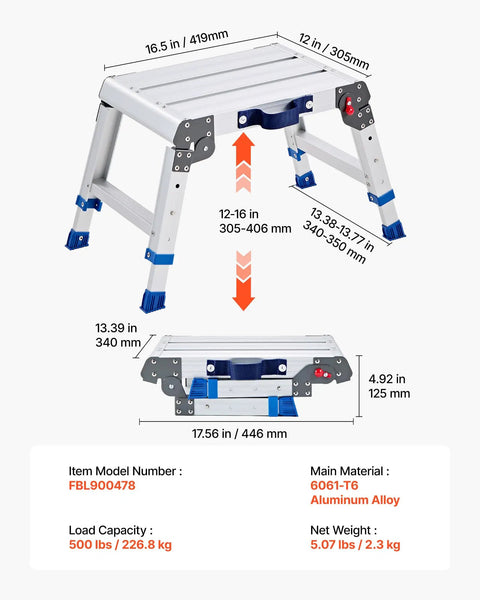Beefy Aluminum Folding Work Platform With Adjustable Height From 12 To 16 Inches 500 Lb Capacity Non Slip Work Surface Portable Bench For Painting Cleaning Home And Pro Use, folded dimensions shown