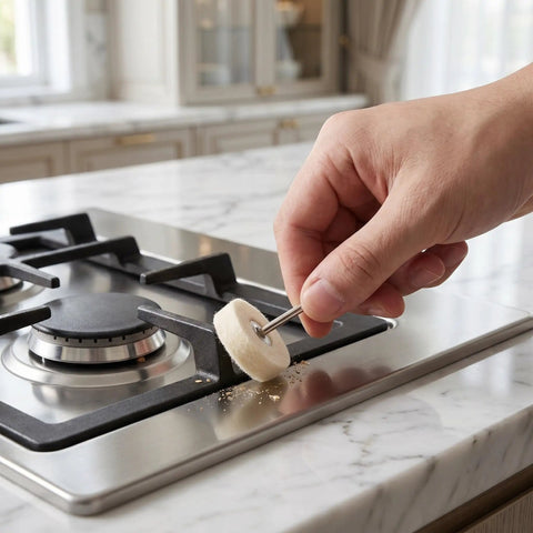 Person using mini polishing brush on stainless steel stove top to clean tight corners and restore shine.