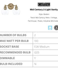Mid Century Clear Glass Bath Vanity Wall Light Two Light Fixture In Aged Brass, 200 Total Watts, E26 Socket Ready