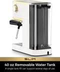 Slick Compact Espresso Maker With Crackin Hot 30 Second Heat Up And 20 Bar Italian Pump For Rich Crema Lattes Featuring Pro Milk Frothing Wand In Sleek White And Gold with a 40 oz removable water tank.