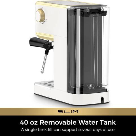 Slick Compact Espresso Maker With Crackin Hot 30 Second Heat Up And 20 Bar Italian Pump For Rich Crema Lattes Featuring Pro Milk Frothing Wand In Sleek White And Gold with a 40 oz removable water tank.