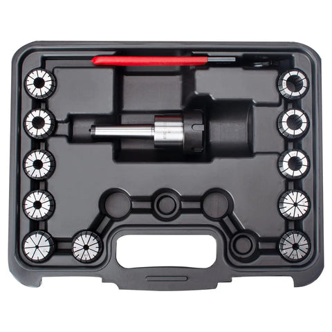 Pro Grade MT2 ER32 Collet Chuck Set With 11 ER32 Collets, MT2 Bridgeport Shank Holder and Wrench in a black case for milling