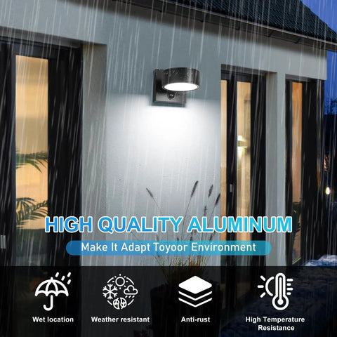 Installed motion sensor smart outdoor wall lights aluminum waterproof LED porch lighting on modern home exterior during rain