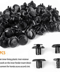 Premium 120 Piece Bumper And Fender Retainer Clip Kit With Splash Shield Wheelwell Screws That Works Like A Champ For Honda And Acura Civic And Accord Repairs, showcasing 50 black plastic fender clips.