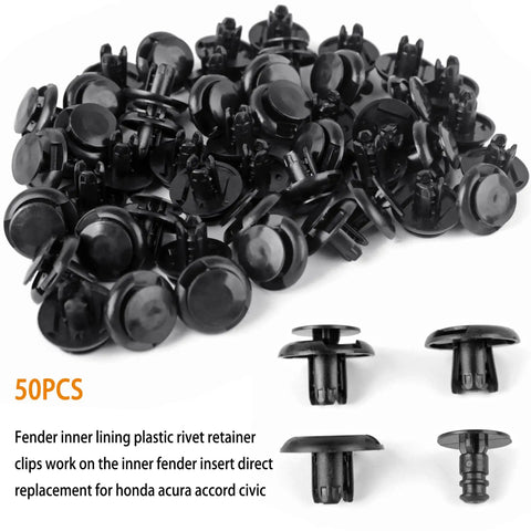 Premium 120 Piece Bumper And Fender Retainer Clip Kit With Splash Shield Wheelwell Screws That Works Like A Champ For Honda And Acura Civic And Accord Repairs, showcasing 50 black plastic fender clips.