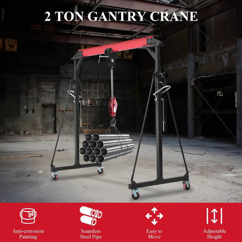 Heavy Duty Adjustable Shop Crane Lift Hoist With 8 To 12 Feet Height 4400 Lbs Capacity Triangular Base For Safe Lifting In Warehouse