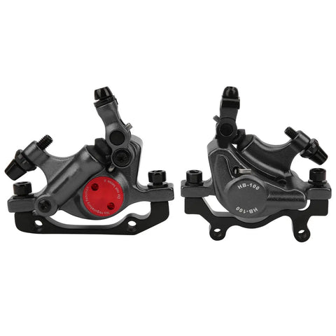 Built Tough Aluminum Hydraulic Disc Brakes BH100 For Mountain Road And Folding Bikes With Slick Fast Stops Easy Setup And No Nonsense Stopping Power Black Bicycle Pair, detail view of calipers.