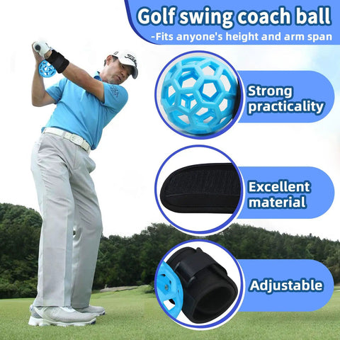 Smart Ball Golf Training Aid For Swing Practice And Posture Stop Chicken Wings Build Muscle Memory Easy Beginner Friendly Swing Trainer Ball With Wrist Strap For Precise Consistent Hits, a golfer uses the blue ball for practice.