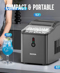 Countertop Nugget Ice Maker With FlashChill For Fast Ice In Six Minutes, Chewable Nuggets For Quick Cold Drinks, Produces Up To Twenty Six Point Five Lbs Per Day, Self Cleaning, Compact Portable Design For Home, Office And Parties, shown on a kitchen counter with ice and a blue drink