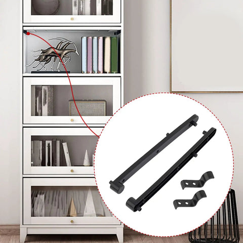 Hidden Flip Up Cabinet Door Rail Set 9.5 Inch Track Hardware for smooth drawer glides, shown installed in white bookcase.