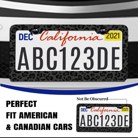 Leopard Print License Plate Frame For Cars, Dope Cheetah Style Aluminum Plate Holder, front view on car bumper