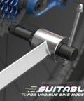 Close-up of Bike Derailleur Hanger Alignment Tool for 20 to 29 Inch Wheels attached to a bike, showing precision gauge in use.