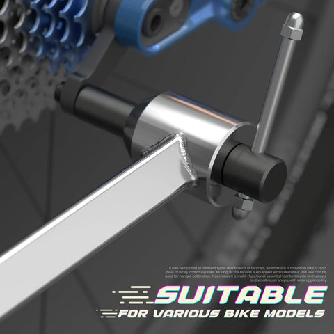 Close-up of Bike Derailleur Hanger Alignment Tool for 20 to 29 Inch Wheels attached to a bike, showing precision gauge in use.