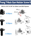Heavy Duty Black Three Prong T Nuts And Eight Thirty Two By Five Sixteenths Screw Kit For Gun Holsters Kydex Leather And Wood instructions and dimensions.