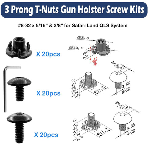 Heavy Duty Black Three Prong T Nuts And Eight Thirty Two By Five Sixteenths Screw Kit For Gun Holsters Kydex Leather And Wood instructions and dimensions.
