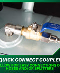 Close-up of quick connect coupler on 10-gallon air tank with ASME certification, showing connections for hoses or splitters.