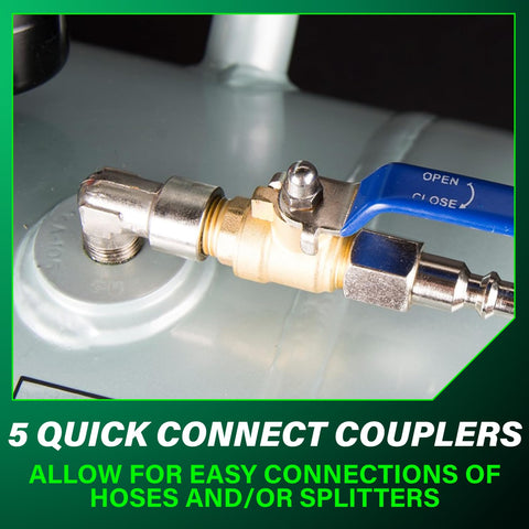 Close-up of quick connect coupler on 10-gallon air tank with ASME certification, showing connections for hoses or splitters.