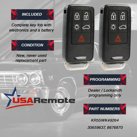 Drop In Replacement Key Fob For Volvo S60 S80 V60 V70 XC60 XC70 Keyless Entry Smart Remote 5 Button KR55WK49264 Set Of 2