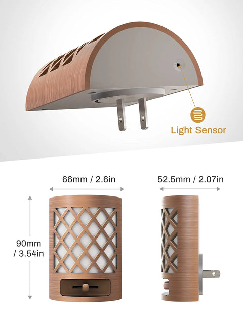 Dimensions and light sensor of 2 Pack Plug In Night Light With Dusk To Dawn Sensor Adjustable Brightness Soft White Glow.
