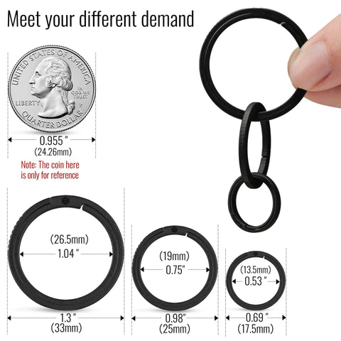 Ultralight Titanium Flat Key Rings Set With Side Pushing Split Rings In 33mm 25mm And 17.5mm Sizes showing size comparison with coin