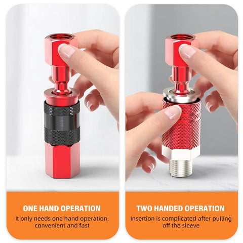 Comparison of one hand and two hand operation of 12 Pack Aluminum One Quarter Inch Female AMT Universal Air Coupler Quick Connect.