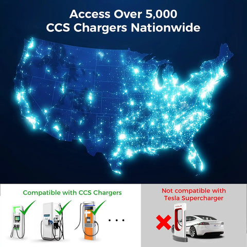Map of the US showcasing over 5,000 CCS chargers, highlighting CCS compatibility for electric vehicles.