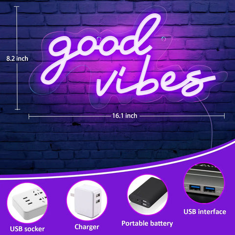Good Vibes Neon Sign USB Powered With Switch Pink Purple LED Wall Decor For Bedroom Game Room Party Wedding Bar Living Space
