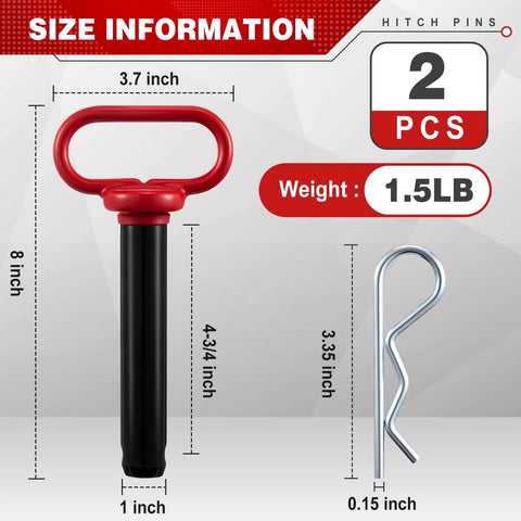 2 Pack 1 Inch Clevis Hitch Pins With Red Rubber Coated Handle And 3.35 Inch R Clip Black Powder Coated For Ball Mounts ATV And Hitch Accessories