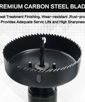 GMTOOLS 19-piece hole saw set; black steel hole saw with central arbor and sharp teeth, front view