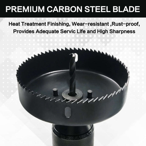 GMTOOLS 19-piece hole saw set; black steel hole saw with central arbor and sharp teeth, front view