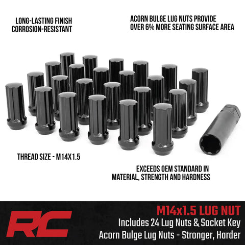 24 Piece Lug Nut Set M14x1.5 Bulge Acorn Style Black Lug Nuts With Socket Key Corrosion Resistant For Aftermarket Wheels