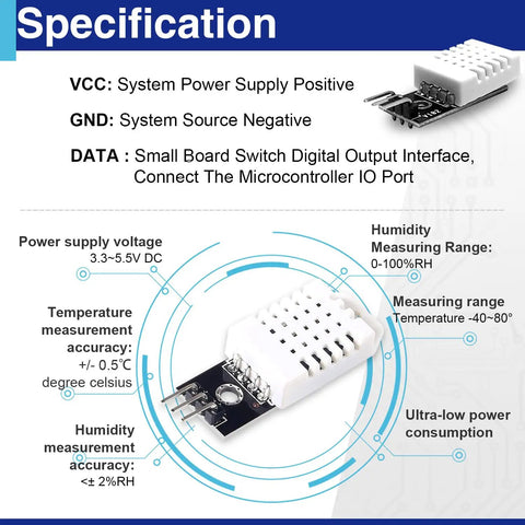 Specifications of Six Pack Digital Temperature And Humidity Sensor Modules Compatible With DHT22 AM2302 for Arduino Raspberry Pi.