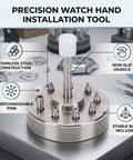 9 Sizes Stainless Steel Watch Hand Press Tool With Non Slip Handle And Stable Base Platform for Repair Work Precision Watch Hand Setter for Pros Durable High Quality Tool for Professional Watchmakers, showing stainless steel body with 9 interchangeable pins and non-slip handle.