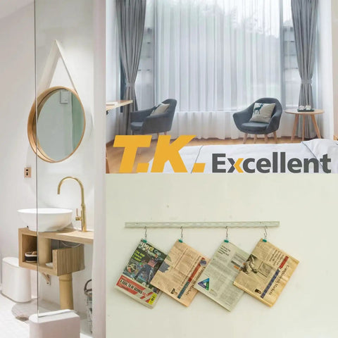 Collage of modern bathroom, reading area with chairs, and hanging newspapers on white walls in bright room.