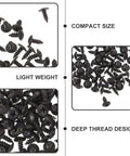 One Hundred Pack M4x10mm Black Carbon Steel Miniature Wood Screws Top Shelf Furniture Fasteners displayed with deep thread design.