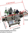Fully Automatic Round Bottle Labeling Machine Featuring Plug And Play Touchscreen Controls, dimensions and touch panel displayed.
