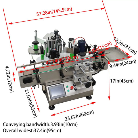 Fully Automatic Round Bottle Labeling Machine Featuring Plug And Play Touchscreen Controls, dimensions and touch panel displayed.