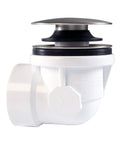 Swanky Satin Nickel Mushroom Tip Toe Bathtub Drain Stopper 1 1 2 Inch NPSM Coarse Thread Push Button with white body and cap.