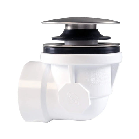 Swanky Satin Nickel Mushroom Tip Toe Bathtub Drain Stopper 1 1 2 Inch NPSM Coarse Thread Push Button with white body and cap.
