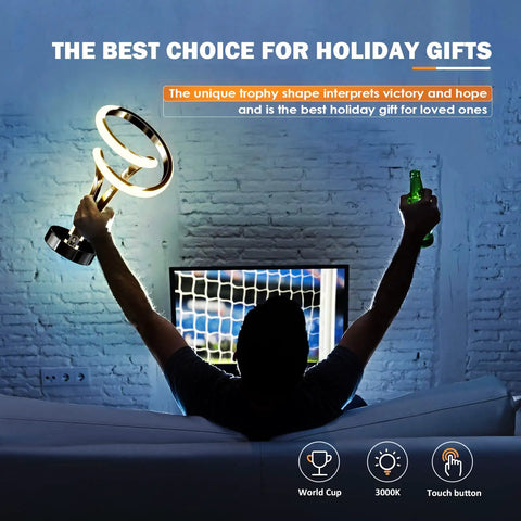Person holding Modern Spiral RGB Table Lamp With Touch Dimmable LED, Ten Light Modes, Unique Trophy Design in a living room