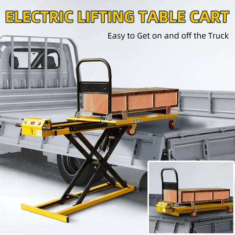 Heavy Duty Electric Scissor Lift Table Cart 47 Inch Height With 660 Lbs Capacity Portable Flatbed Hand Truck on truck bed.