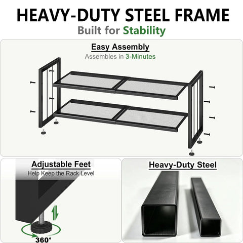 Heavy-duty steel frame of Expandable 2 Tier Metal Shoe Rack Stackable Closet Organizer Adjustable Entryway Storage Space Saver for Home Dorm Small Rooms Game Changer Organization King.