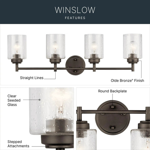 Four Light Vanity Light In Olde Bronze With Clear Seeded Glass For Above Bathroom Mirror, transitional style, detail views