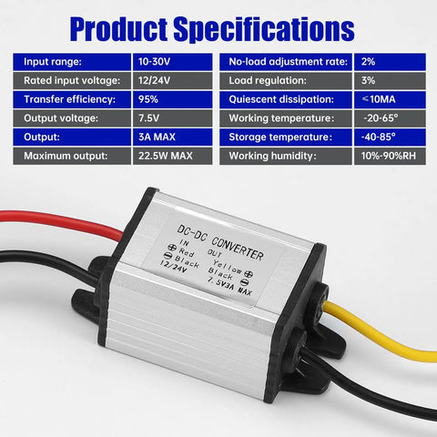 Premium DC-DC Buck Converter Step-Down Voltage Regulator with specifications, outputs 7.5V at 3A from 12V or 24V source.
