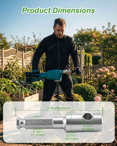 Drill Bit Adapter For DDG460 Cordless Earth Auger And Industrial Grade Pro Level Auger Bits Seven Sixteen Inch Hex Shank Rugged Heavy Duty Replacement With Secure Quick Connection For Stable Drilling And Reduced Slippage shown with tool in garden setting