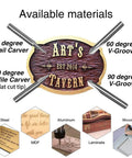 Engraving CNC Wood Carving Router Bits 1 Quarter Inch Shank 15 Degree 20 Degree 60 Degree 90 Degree V Bit With 2 Flutes Straight Tungsten Steel Conical Engraving Tool displayed with examples of materials used on, including wood and MDF.