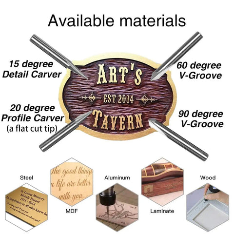 Engraving CNC Wood Carving Router Bits 1 Quarter Inch Shank 15 Degree 20 Degree 60 Degree 90 Degree V Bit With 2 Flutes Straight Tungsten Steel Conical Engraving Tool displayed with examples of materials used on, including wood and MDF.